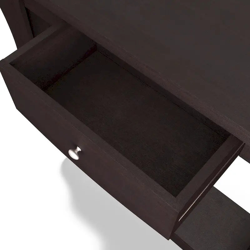 Console en noyer foncé avec tiroir, rangement latéral et étagère ouverte