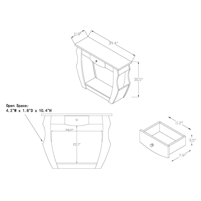 Console en noyer foncé avec tiroir, rangement latéral et étagère ouverte
