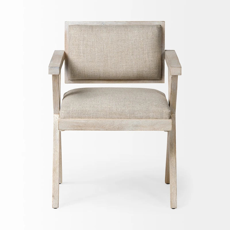 Fauteuil de salle à manger en tissu crème avec accoudoirs et piètement en manguier blanchi en forme de croix