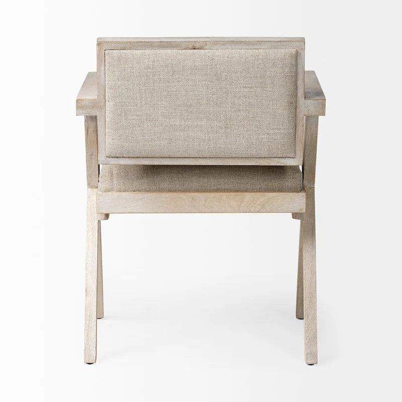 Fauteuil de salle à manger en tissu crème avec accoudoirs et piètement en manguier blanchi en forme de croix
