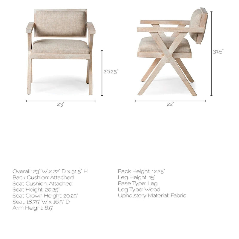 Fauteuil de salle à manger en tissu crème avec accoudoirs et piètement en manguier blanchi en forme de croix