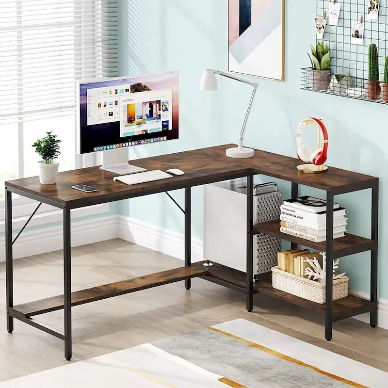 Bureau d'angle en L réversible avec étagères de rangement et huche, Marron rustique