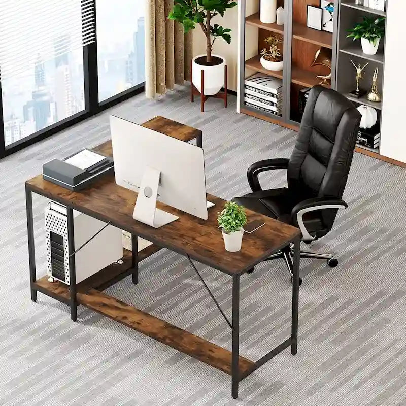 Bureau d'angle en L réversible avec étagères de rangement et huche, Marron rustique
