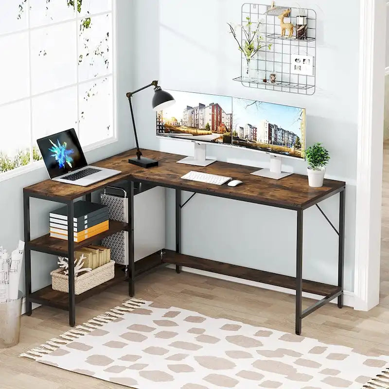 Bureau d'angle en L réversible avec étagères de rangement et huche, Marron rustique
