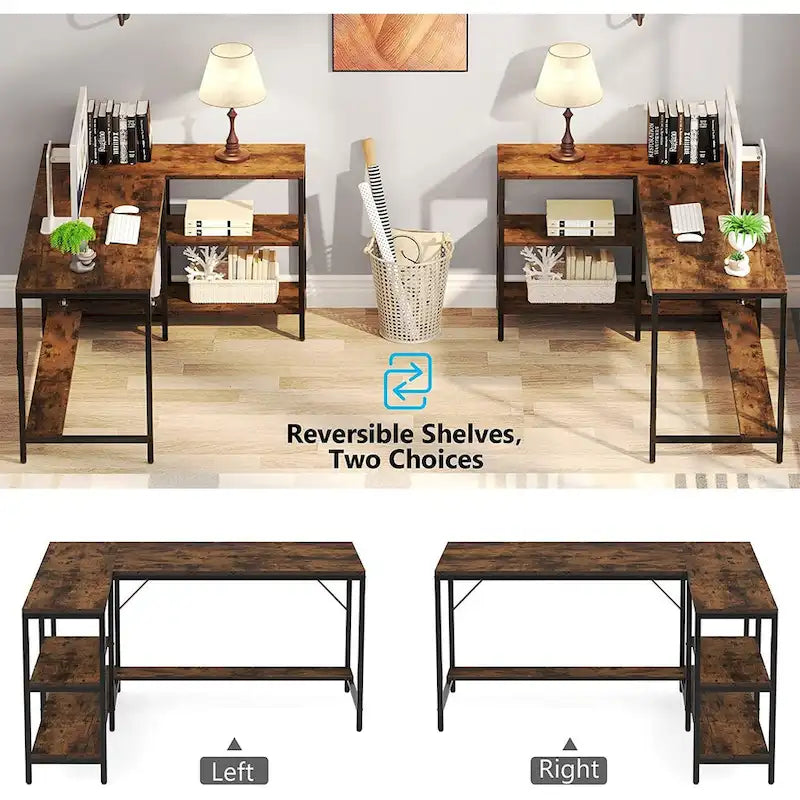 Bureau d'angle en L réversible avec étagères de rangement et huche, Marron rustique