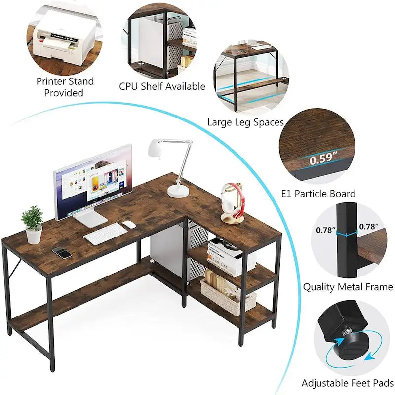Bureau d'angle en L réversible avec étagères de rangement et huche, Marron rustique