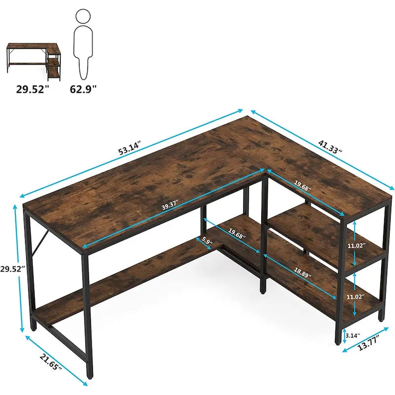 Bureau d'angle en L réversible avec étagères de rangement et huche, Marron rustique