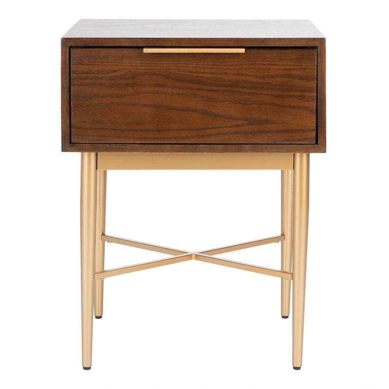 Table de chevet Mid-Century Modern à 1 tiroir avec pieds en métal doré, bois de noyer/bois blanchi