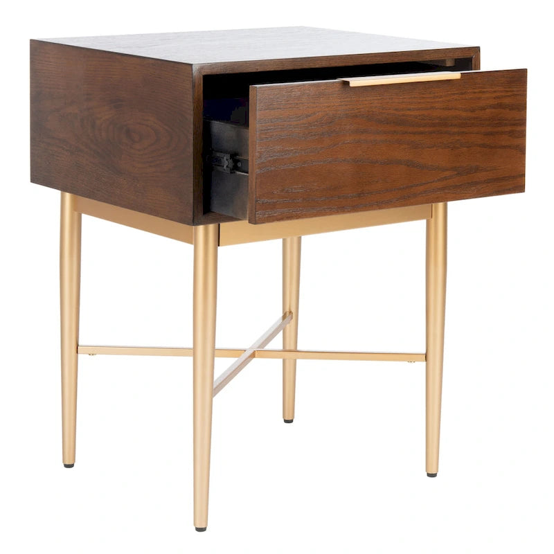 Table de chevet Mid-Century Modern à 1 tiroir avec pieds en métal doré, bois de noyer/bois blanchi