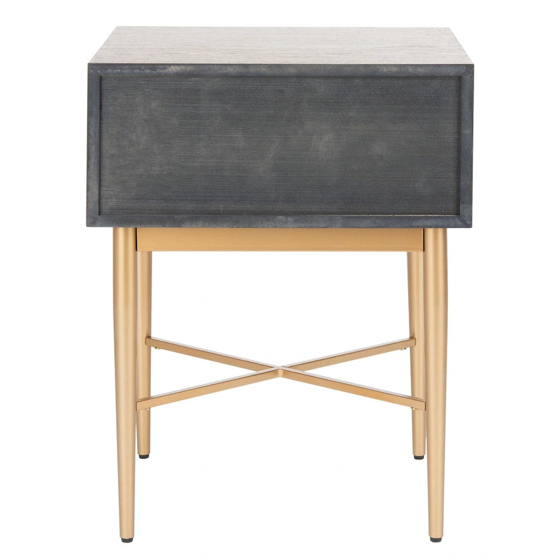 Table de chevet Mid-Century Modern à 1 tiroir avec pieds en métal doré, bois de noyer/bois blanchi
