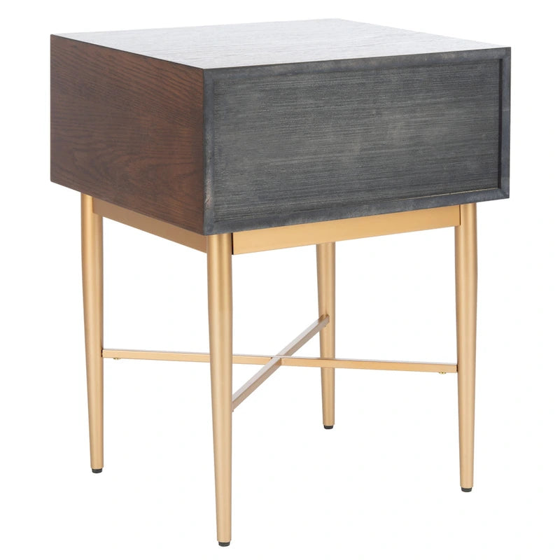 Table de chevet Mid-Century Modern à 1 tiroir avec pieds en métal doré, bois de noyer/bois blanchi