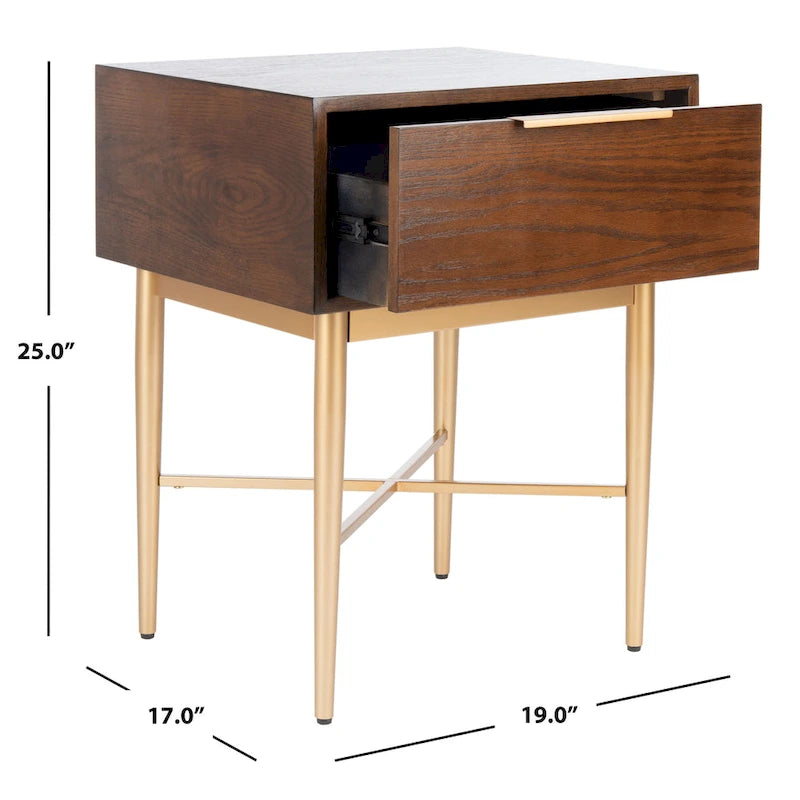 Table de chevet Mid-Century Modern à 1 tiroir avec pieds en métal doré, bois de noyer/bois blanchi