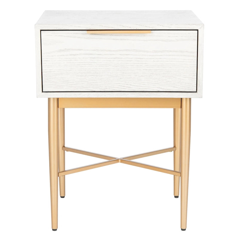 Table de chevet Mid-Century Modern à 1 tiroir avec pieds en métal doré, bois de noyer/bois blanchi