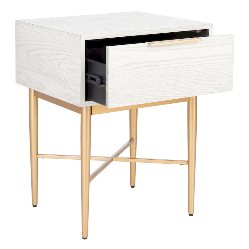 Table de chevet Mid-Century Modern à 1 tiroir avec pieds en métal doré, bois de noyer/bois blanchi