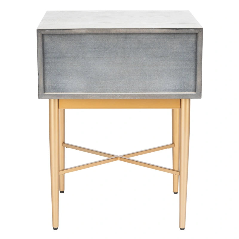 Table de chevet Mid-Century Modern à 1 tiroir avec pieds en métal doré, bois de noyer/bois blanchi