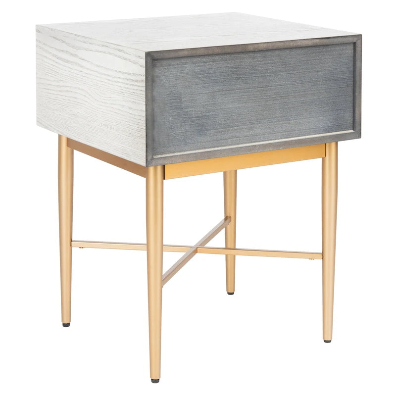 Table de chevet Mid-Century Modern à 1 tiroir avec pieds en métal doré, bois de noyer/bois blanchi