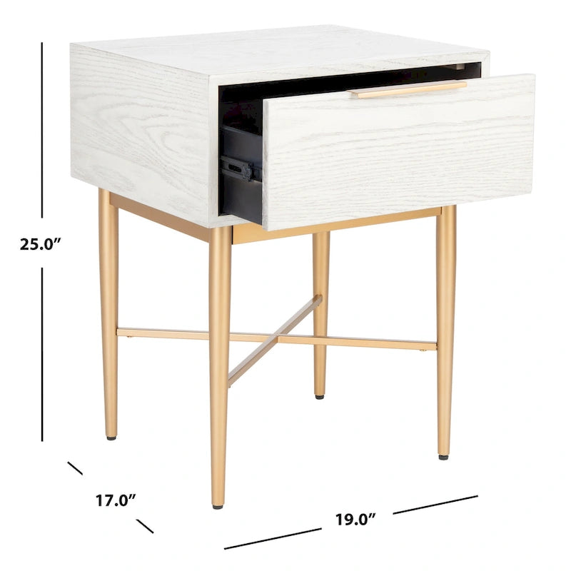 Table de chevet Mid-Century Modern à 1 tiroir avec pieds en métal doré, bois de noyer/bois blanchi