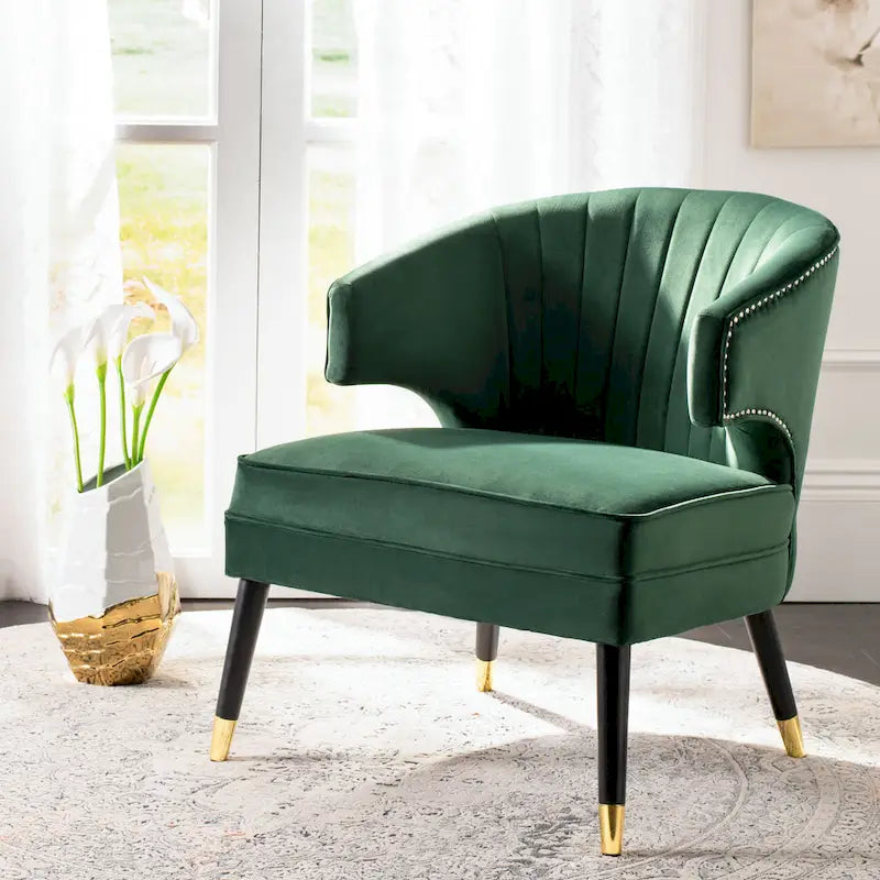 Fauteuil d'appoint en velours à dossier haut capitonné avec pieds dorés, noir