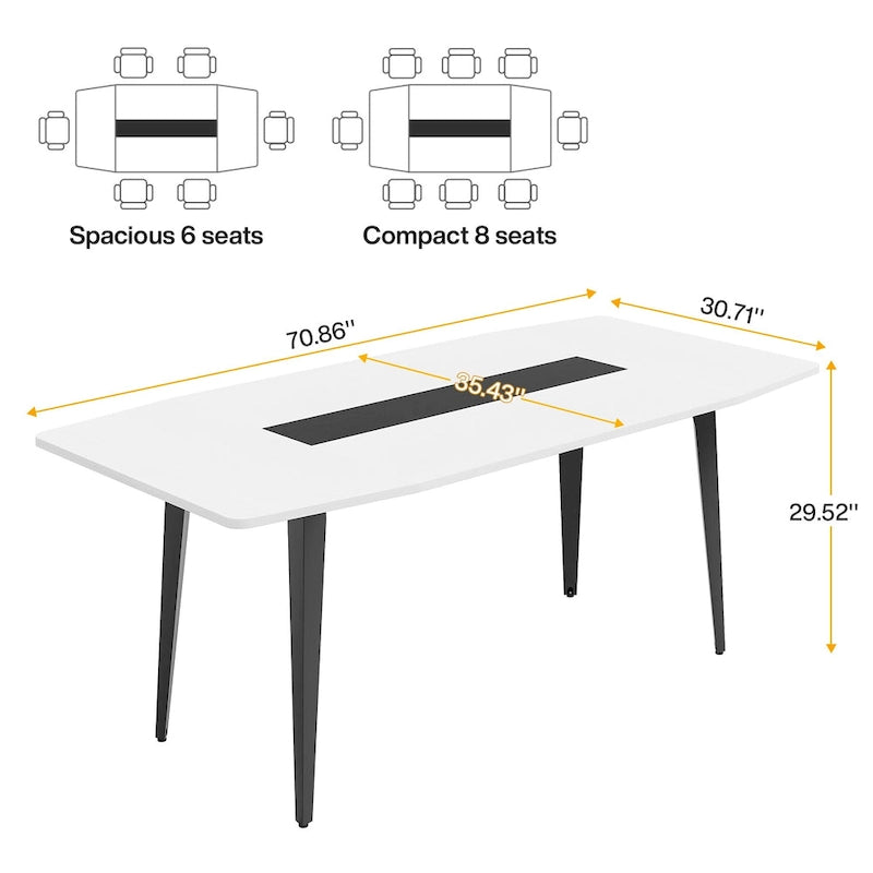Table de salle à manger en forme de bateau avec pieds en métal noir, 6-8 places, gris ou blanc
