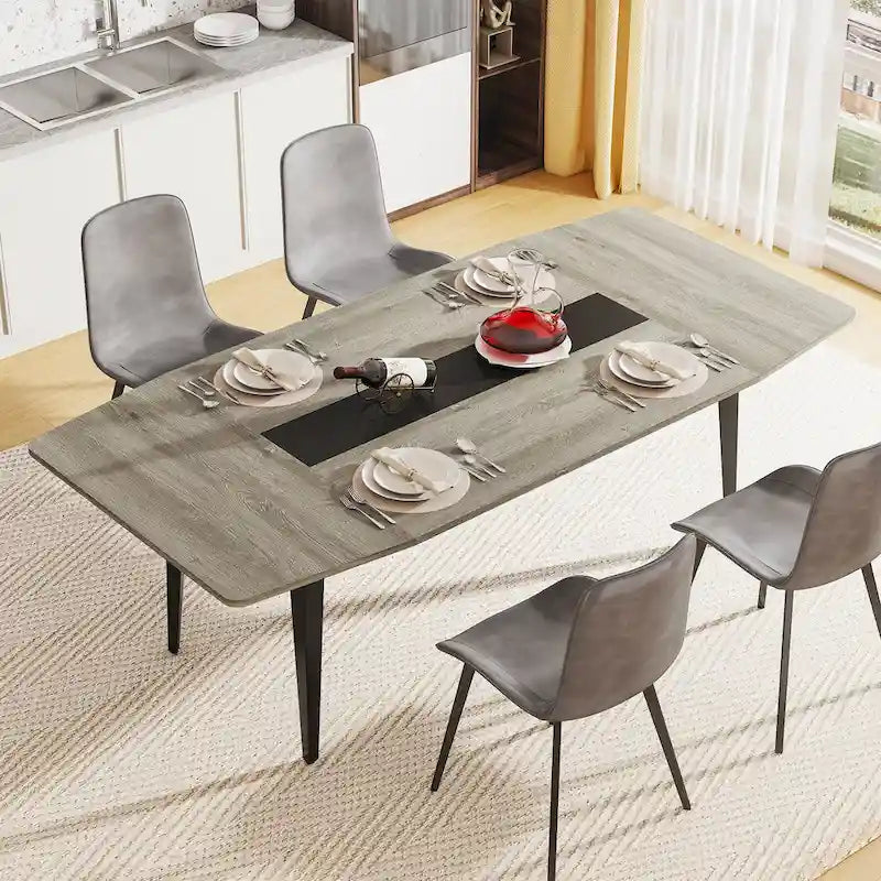 Table de salle à manger en forme de bateau avec pieds en métal noir, 6-8 places, gris ou blanc