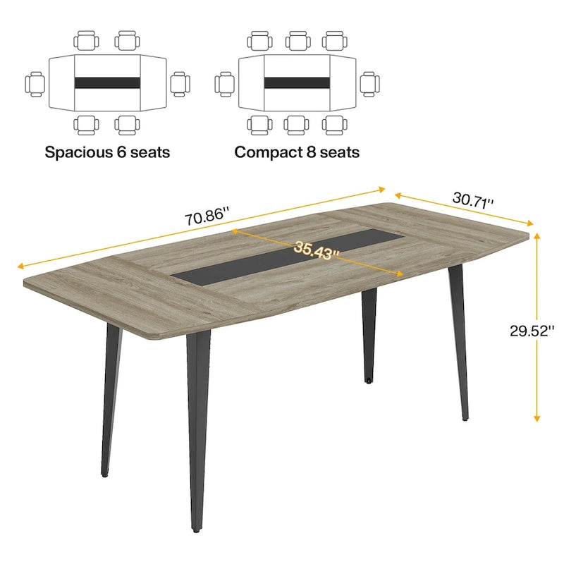 Table de salle à manger en forme de bateau avec pieds en métal noir, 6-8 places, gris ou blanc