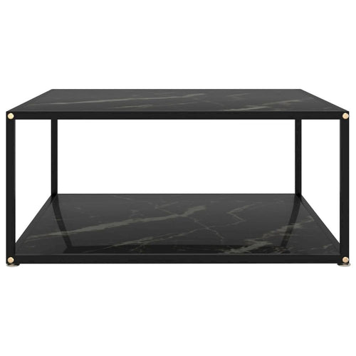 Table basse carrée à deux niveaux en verre trempé texturé marbre noir avec cadre en acier