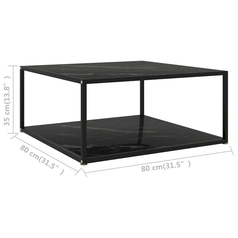 Table basse carrée à deux niveaux en verre trempé texturé marbre noir avec cadre en acier