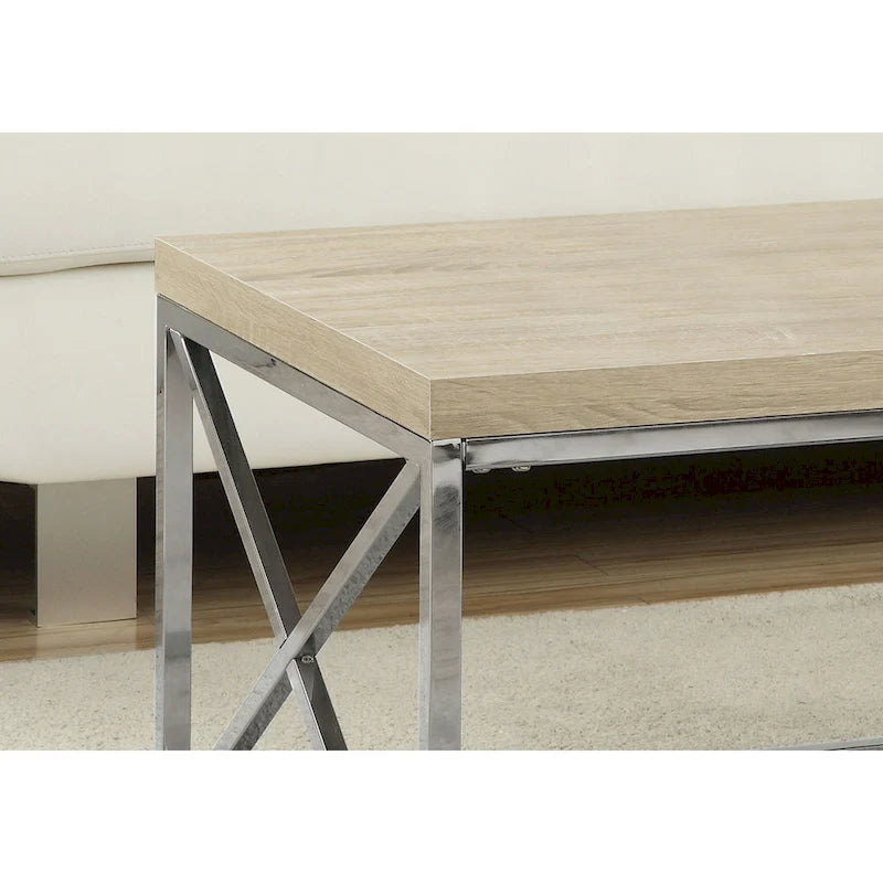 Table basse rectangulaire aspect bois naturel avec piétement croisé chromé