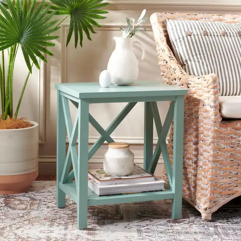 Table d'appoint en bois à croisillons avec étagère de rangement inférieure
