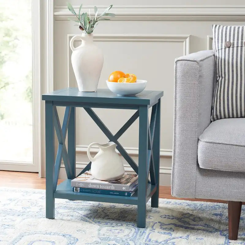 Table d'appoint en bois à croisillons avec étagère de rangement inférieure