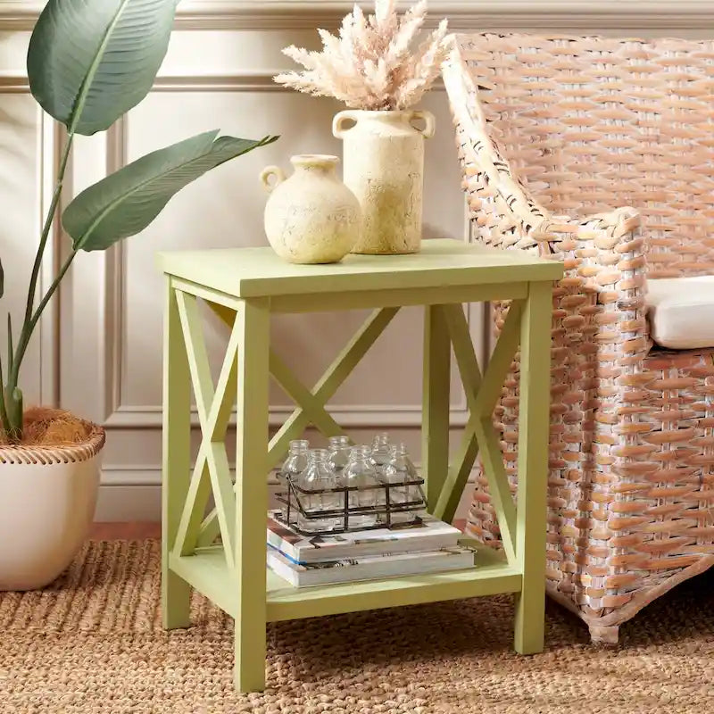 Table d'appoint en bois à croisillons avec étagère de rangement inférieure