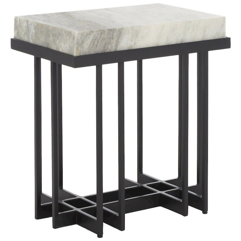 Table d'appoint rectangulaire à plateau en marbre avec cadre en métal noir, marron sable