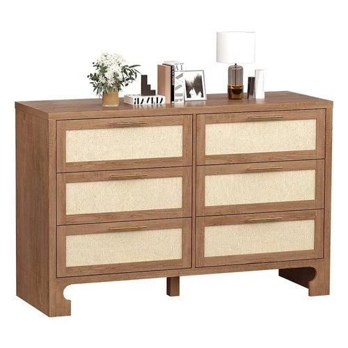 Commode de style fermier en toile de jute, 6 tiroirs, finition chêne caramel, poignées dorées