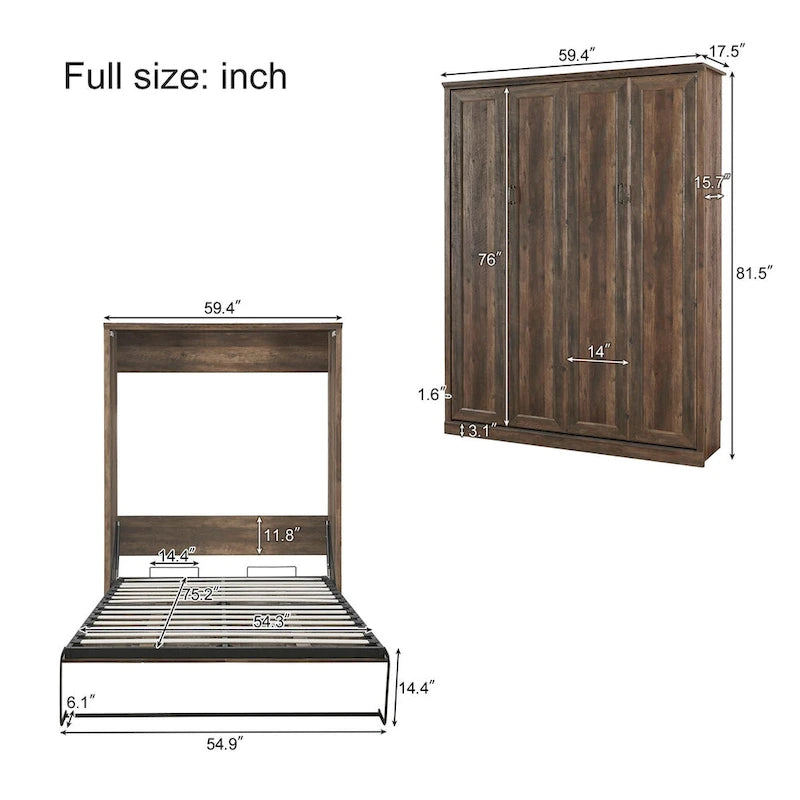 Lit escamotable Murphy avec armoires et lit pliant peu encombrant Rustique marron et blanc