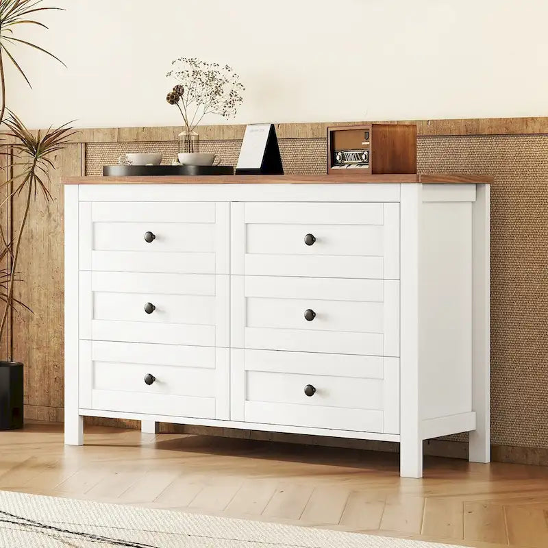 Commode de ferme à 6 tiroirs Blanc Gris Antique Armoire de rangement en bois