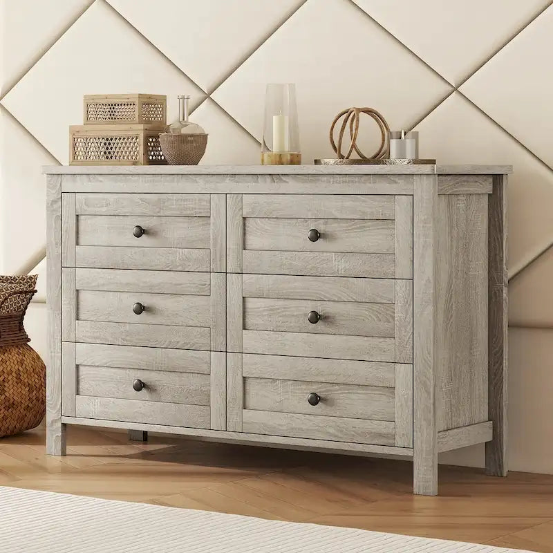 Commode de ferme à 6 tiroirs Blanc Gris Antique Armoire de rangement en bois