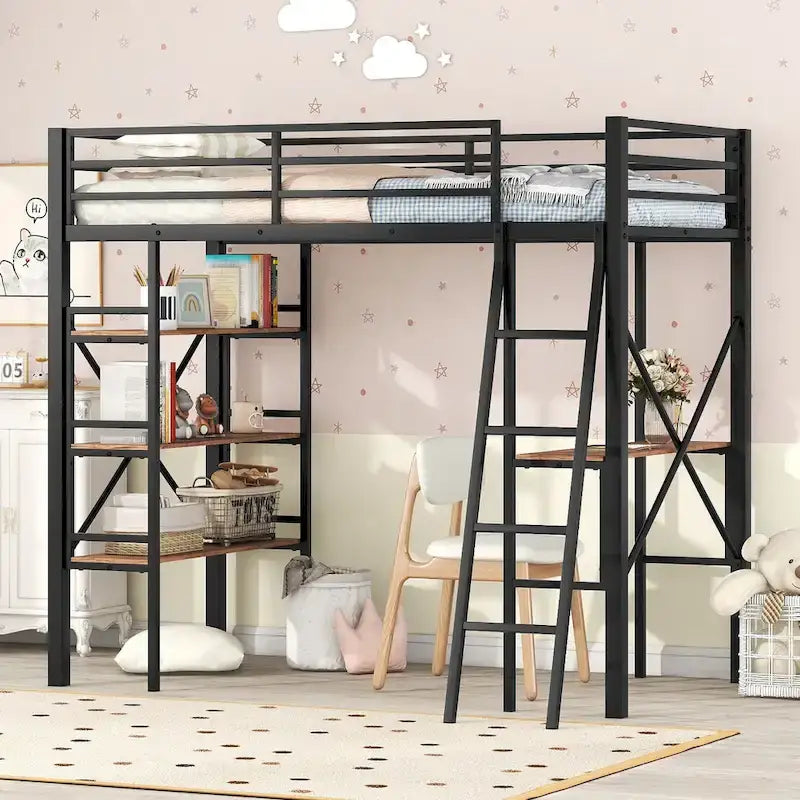 Lit mezzanine simple en métal noir avec étagères à 3 niveaux et bureau d'étude