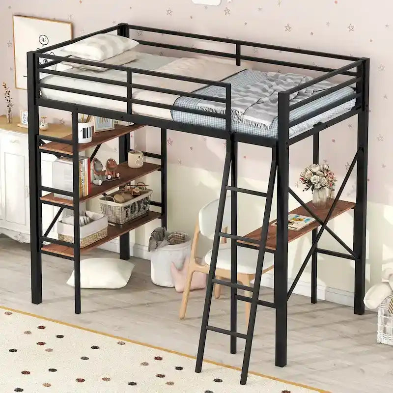 Lit mezzanine simple en métal noir avec étagères à 3 niveaux et bureau d'étude