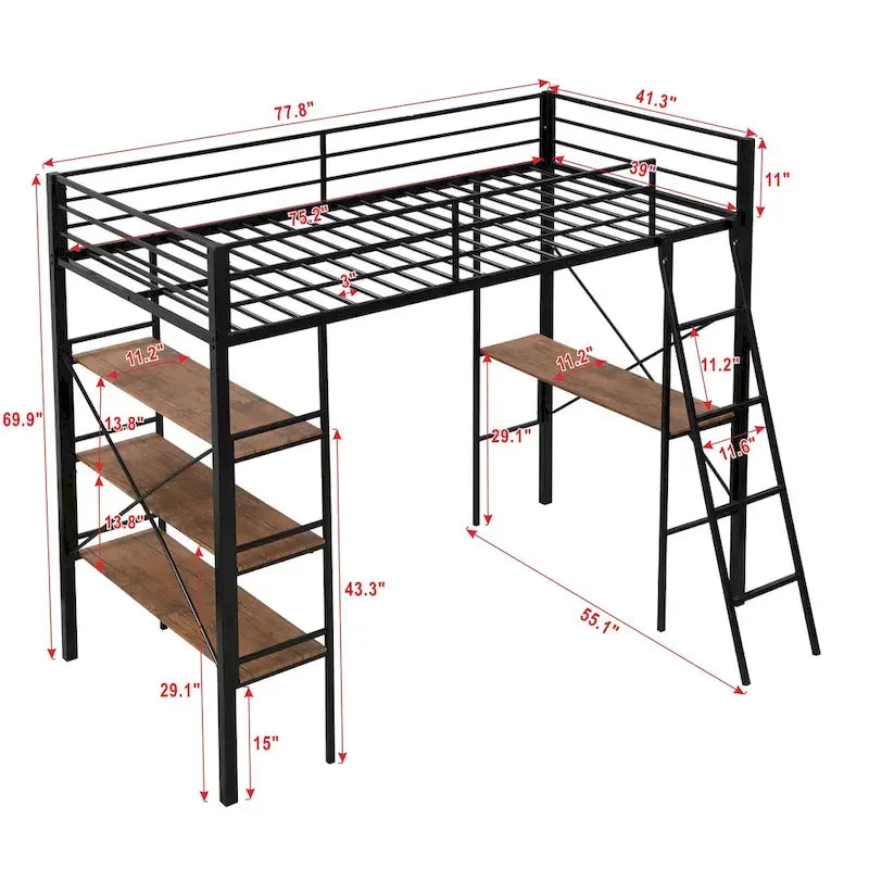 Lit mezzanine simple en métal noir avec étagères à 3 niveaux et bureau d'étude