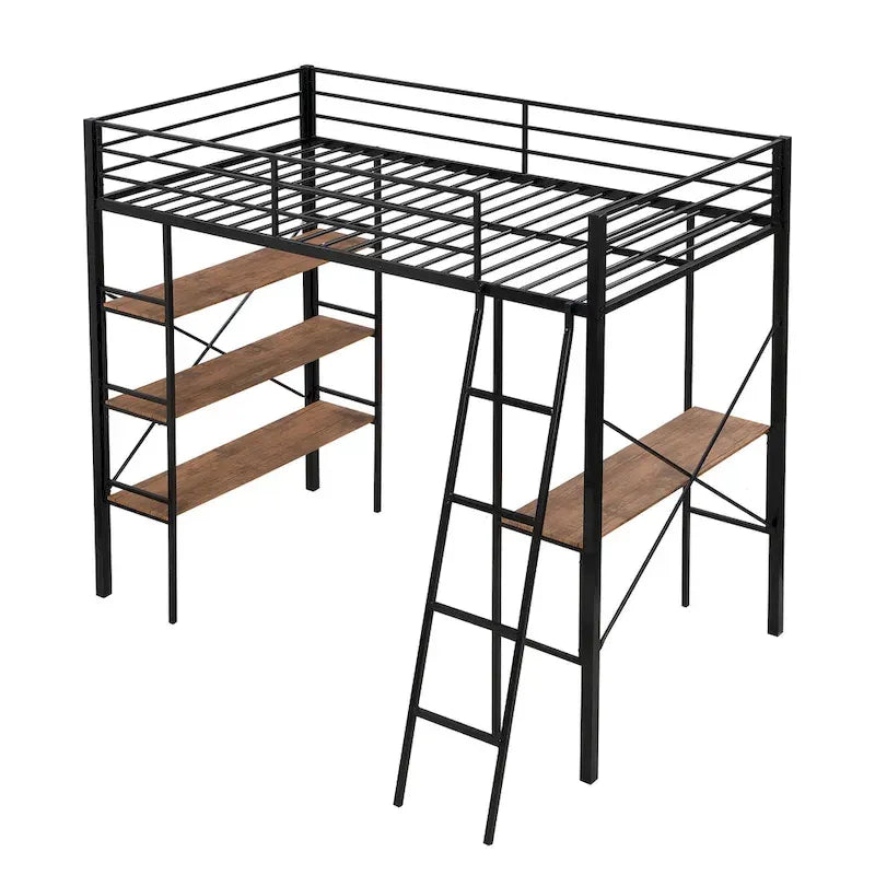 Lit mezzanine simple en métal noir avec étagères à 3 niveaux et bureau d'étude