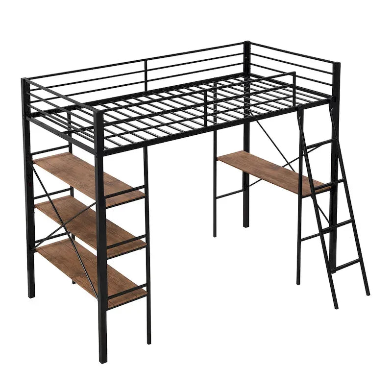 Lit mezzanine simple en métal noir avec étagères à 3 niveaux et bureau d'étude