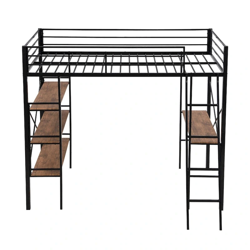 Lit mezzanine simple en métal noir avec étagères à 3 niveaux et bureau d'étude