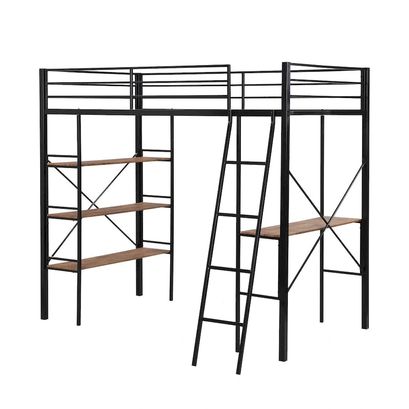 Lit mezzanine simple en métal noir avec étagères à 3 niveaux et bureau d'étude