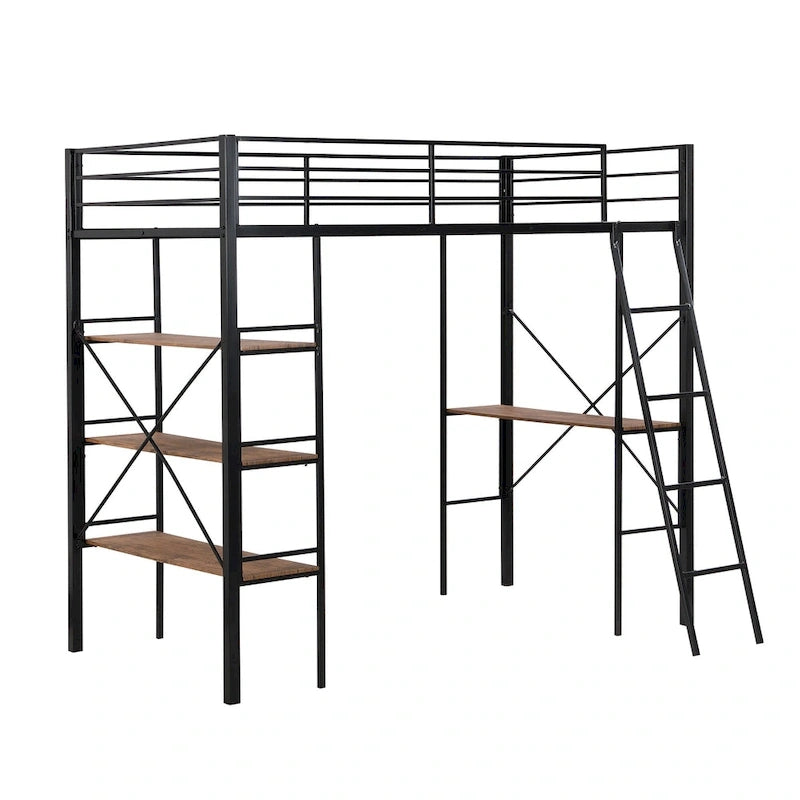 Lit mezzanine simple en métal noir avec étagères à 3 niveaux et bureau d'étude