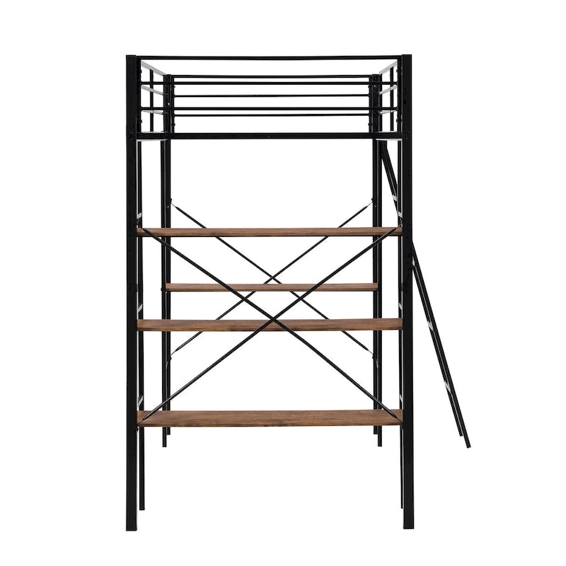 Lit mezzanine simple en métal noir avec étagères à 3 niveaux et bureau d'étude