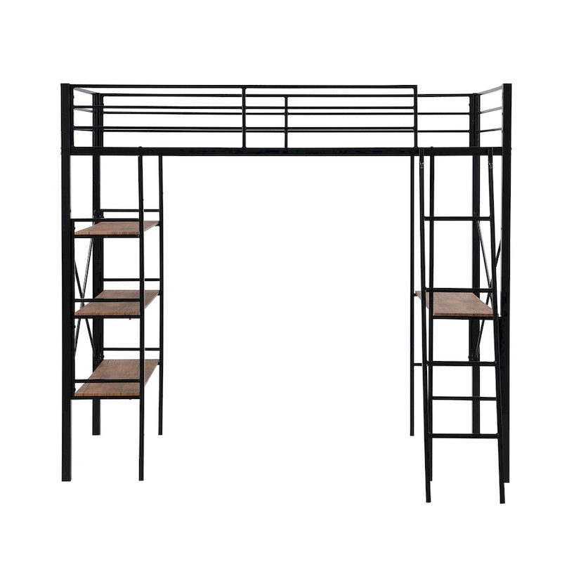 Lit mezzanine simple en métal noir avec étagères à 3 niveaux et bureau d'étude