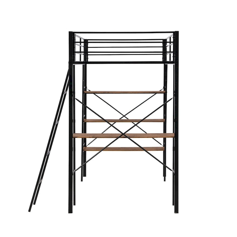 Lit mezzanine simple en métal noir avec étagères à 3 niveaux et bureau d'étude