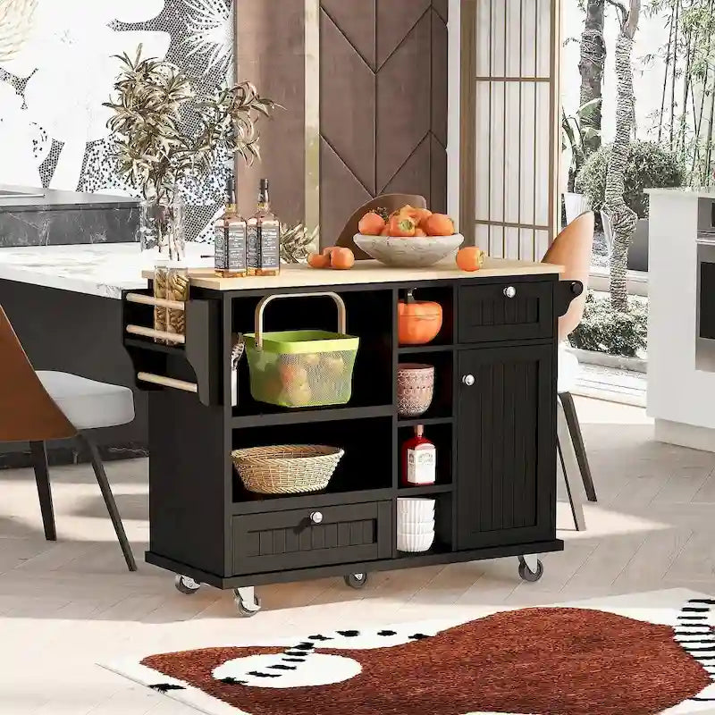 Îlot de cuisine roulant avec tiroirs de rangement et plateau en bois d'hévéa