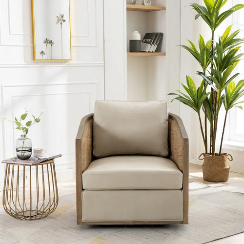 Fauteuil pivotant à 360° avec côtés en rotin et assise en similicuir