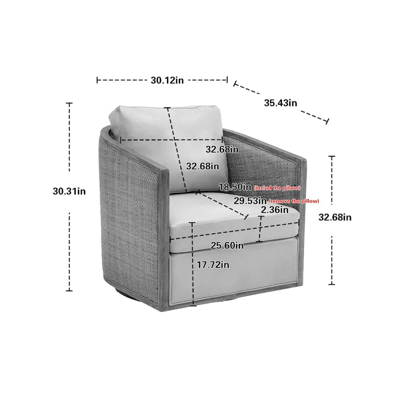 Fauteuil pivotant à 360° avec côtés en rotin et assise en similicuir